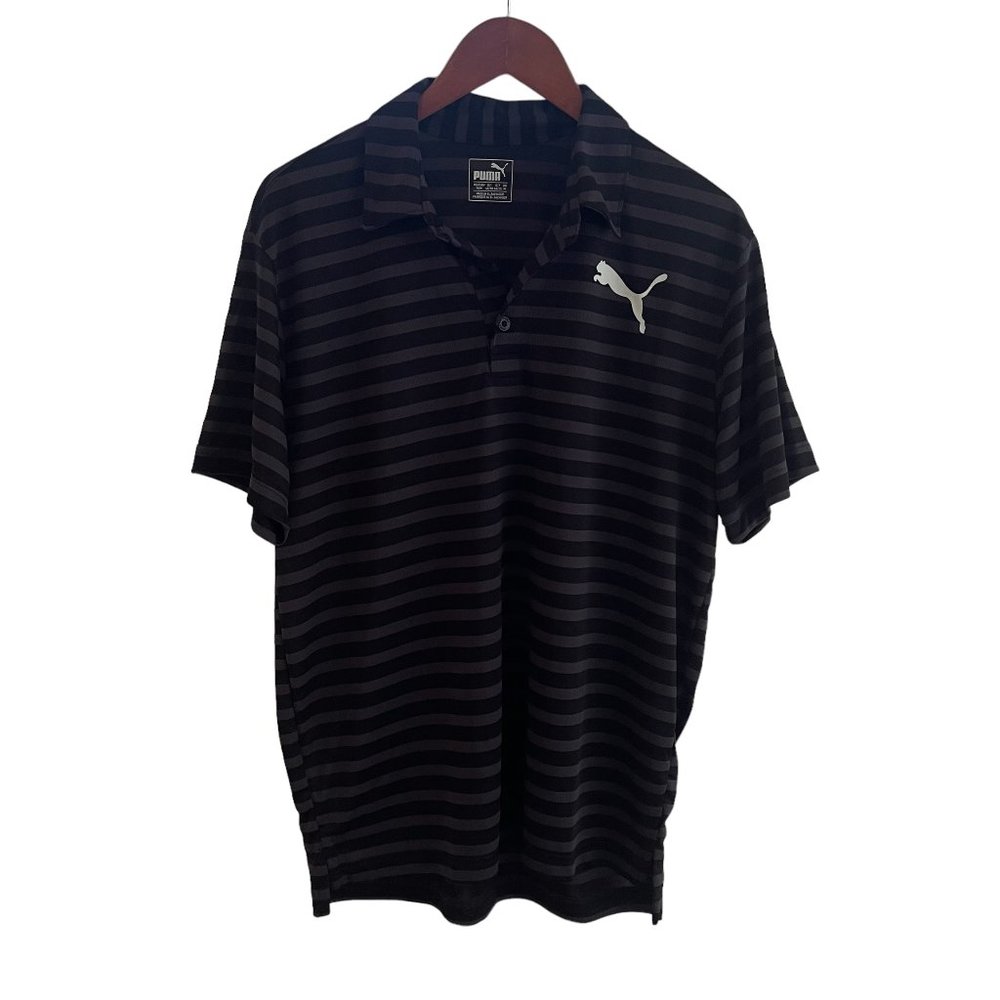 Puma Men's Size Medium Black and Gray Stripe Short Sleeve Polo Shirt​​​